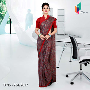 Red Women's Premium Italian Crepe Paisley Print Uniform Saree Employees With Blouse Piece
