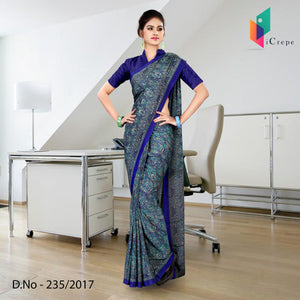 Navy Blue Women's Premium Italian Crepe Paisley Print Institutional Uniform Saree With Blouse Piece