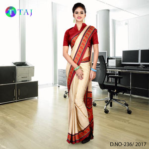 Beige and Maroon Women's Premium Jacquard Crepe Gala Border Nurse Uniform Saree With Blouse Piece