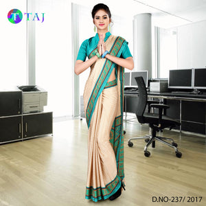 Beige and Green Women's Premium Jacquard Crepe Hotel Taj Uniform Sarees With Blouse Piece