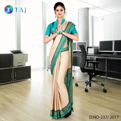Green and Beige Women's Premium Jacquard Crepe Gala Border Receptionist Uniform Saree With Blouse Piece