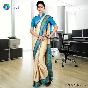 Beige and Peacock Blue Women's Premium Jacquard Crepe Gala Border Front Office Uniform Saree With Blouse Piece