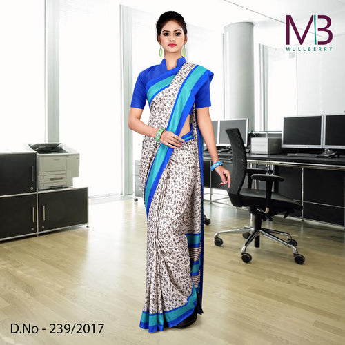 Blue and White Women's Premium Mulberry Silk Small Butty Showroom Uniform Saree With Blouse Piece