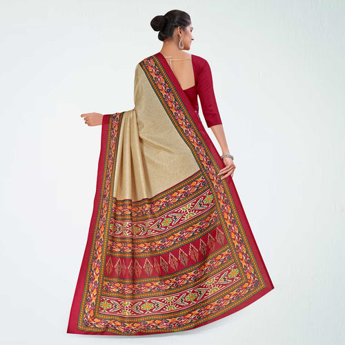 Beige and Black Women's Premium Manipuri Cotton Plain Gaala Border Catering Uniform Saree