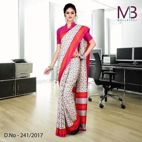Pink and White Women's Premium Mulberry Silk Small Butty Industrial Uniform Saree With Blouse Piece