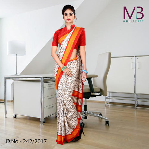 White and Red Women's Premium Mulberry Silk Small Butty Staff Uniform Sarees With Blouse Piece