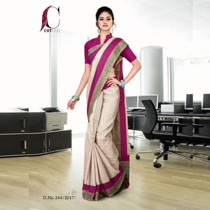 Magenta and Beige Women's Premium Manipuri Cotton Gala Border Staff Uniform Saree With Blouse Piece