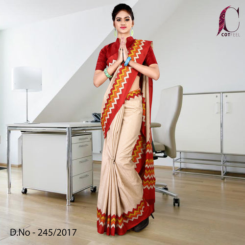 Orange and Beige Women's Premium Manipuri Cotton Gala Border Teachers Uniform Saree With Blouse Piece