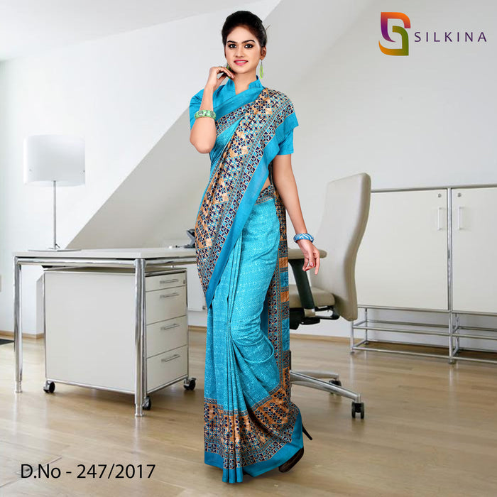 Sky Blue Women's Premium Dola Silk Ladies Uniform Saree With Blouse Piece