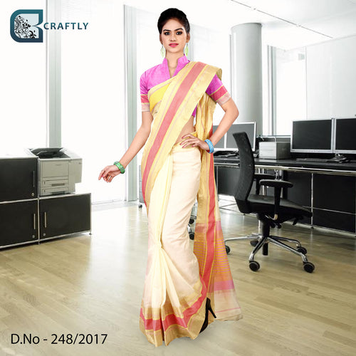 Cream and Pink Women's Premium Poly Cotton Handloom Taj Hotel Uniform Sarees With Blouse Piece