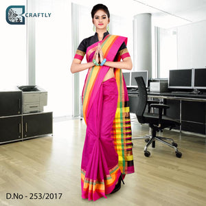 Magenta With Yellow Border Women's Premium Poly Cotton Annual Functional Handloom Saree With Blouse Piece
