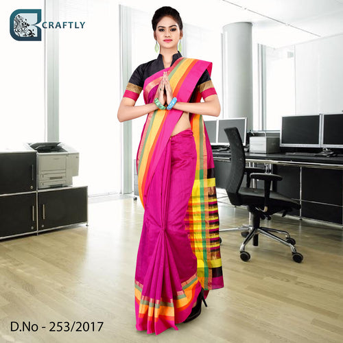 Dark Pink Rani Women's Premium Poly Cotton Handloom Annual Function Uniform Sarees With Blouse Piece