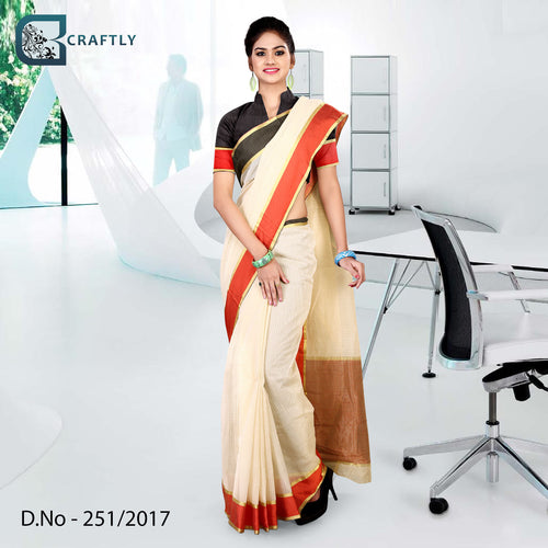 Cream and Red Women's Premium Poly Cotton Handloom Airline Uniform Sarees With Blouse Piece