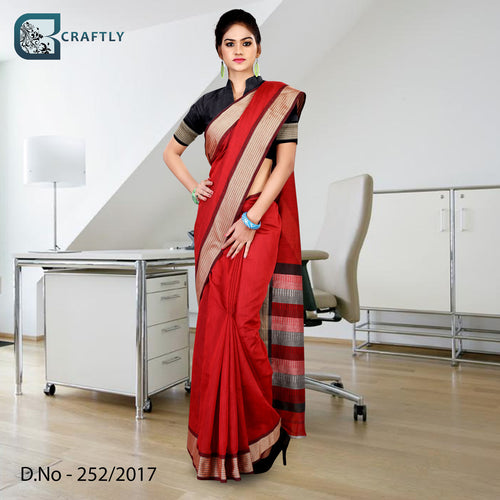 Red and Black With Golden Border Women's Premium Poly Cotton Staff Uniform Handloom Saree With Blouse Piece
