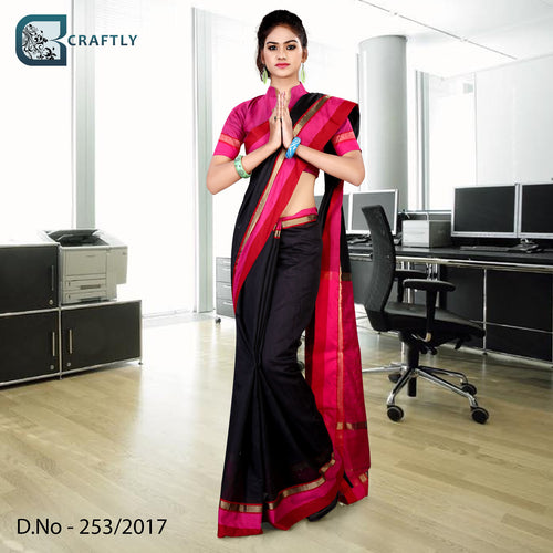 Black With Pink Border Women's Premium Poly Cotton Staff Uniform Handloom Saree With Blouse Piece