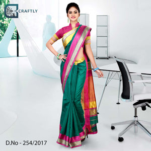 Green and Magenta Women's Premium Poly Cotton Airline Uniform Handloom Saree With Blouse Piece