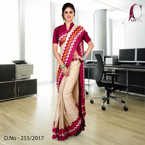 Beinge and Pink Women's Premium Manipuri Cotton Hospital Uniform Sarees With Blouse Piece