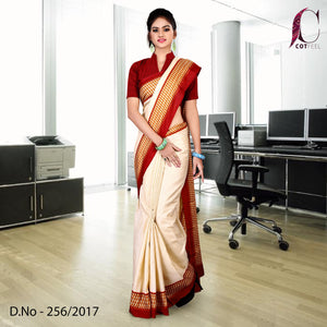 Red and Cream Women's Premium Manipuri Cotton Gala Border Office Uniform Saree With Blouse Piece