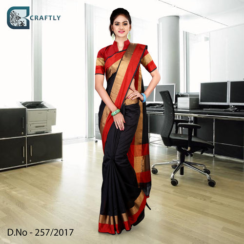 Black With Red Border Women's Premium Poly Cotton Hotel Uniform Handloom Saree With Blouse Piece