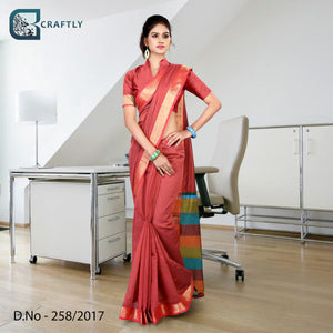 Pink With Golden Border Women's Premium Poly Cotton Handloom Receptionist Uniform Sarees With Blouse Piece