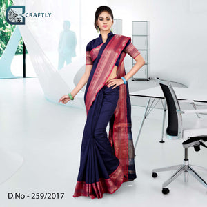 Blue With Pink Border Women's Premium Poly Cotton School Uniform Handloom Saree With Blouse Piece