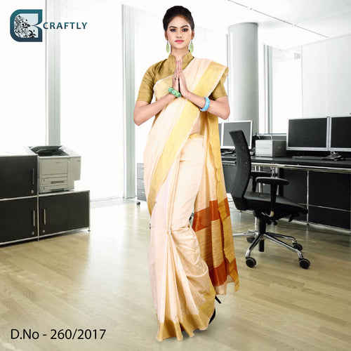 Cream With Golden Border Women's Premium Poly Cotton Handloom Catering Uniform Sarees With Blouse Piece