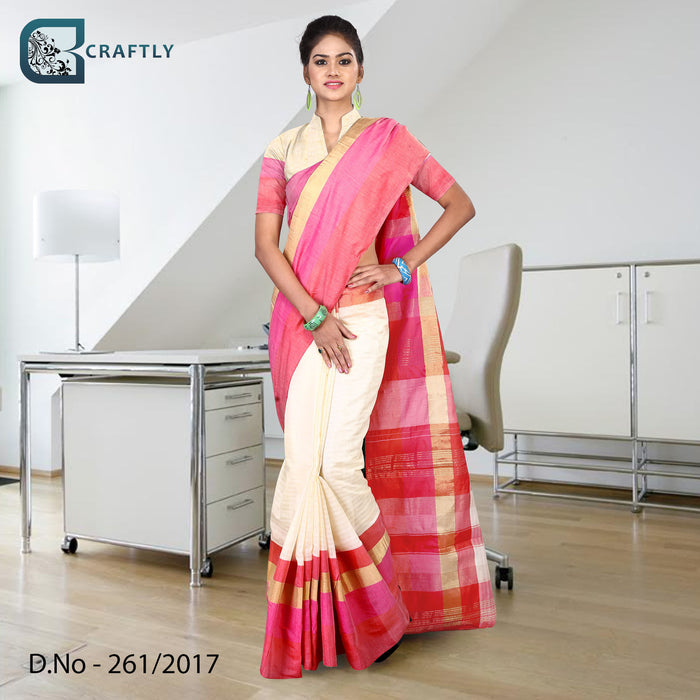 Pink and Cream Women's Premium Poly Cotton Air Hostess Uniform Handloom Saree With Blouse Piece