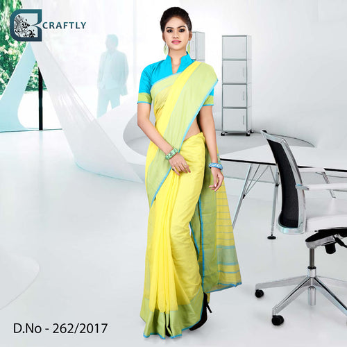 Yellow and Blue Women's Premium Poly Cotton School Teacher Uniform Handloom Saree With Blouse Piece