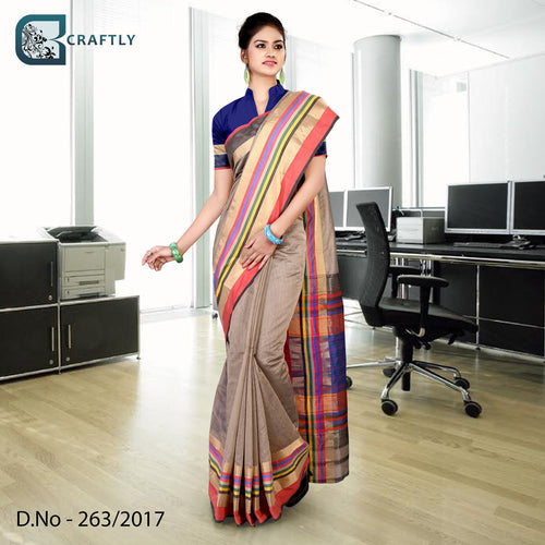 Brown With Multi-Color Border Women's Premium Poly Cotton Handloom Jewellery Showroom Uniform Sarees With Blouse Piece