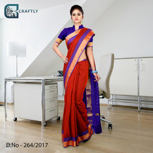Blue Red With Golden Border Women's Premium Poly Cotton Functional Uniform Handloom Saree With Blouse Piece