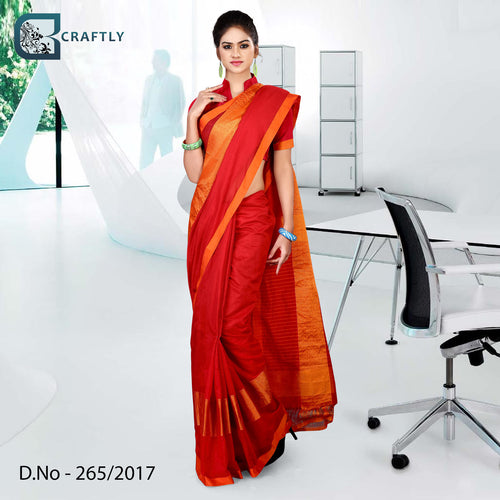 Orange and Red Women's Premium Poly Cotton Handloom Resort Uniform Sarees With Blouse Piece