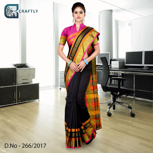 Black and Red Women's Premium Poly Cotton Functional Uniform Handloom Saree With Blouse Piece