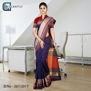 Navy Blue With Multi-Color Border Women's Premium Poly Cotton Handloom Oberoi Hotel Uniform Sarees With Blouse Piece