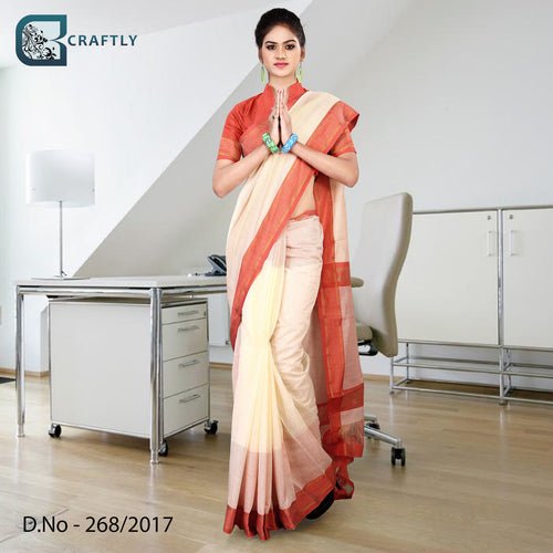 Cream and Peach Women's Premium Poly Cotton Handloom Hotel Uniform Sarees With Blouse Piece