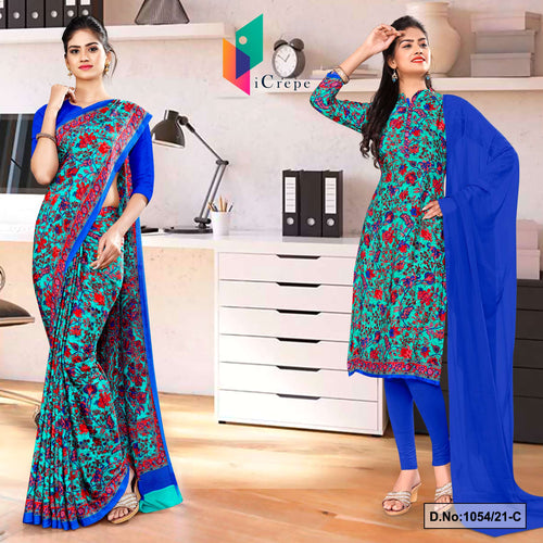 Sea Green Blue Women's Premium Italian Silk Floral Print Uniform Sarees Salwar Combo For Receptionist