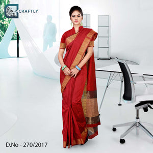 Red With Golden Border Women's Premium Poly Cotton Showroom Uniform Handloom Saree With Blouse Piece