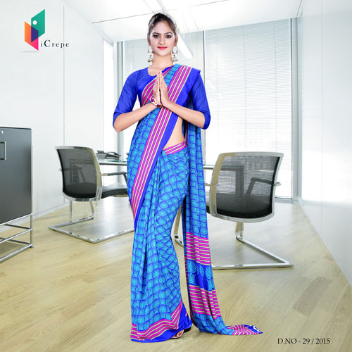Blue And Pink Women's Premium Italian Crepe Staff Uniform Saree With Blouse Piece