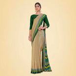 Beige and Navy Blue Women's Premium Manipuri Cotton Plain Gaala Border Housekeeping Uniform Saree