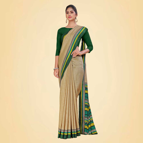 Beige and Bottle Green Women's Premium Manipuri Cotton Plain Gaala Border Front Office Uniform Saree