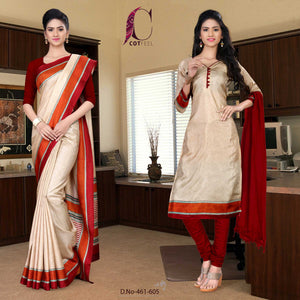 Beige And Maroon Hotel Uniform Saree Salwar Combo