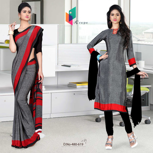 Grey and Black Women's Premium Italian Silk Discipline Day Hospital Uniform Sarees Salwar Combo