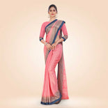 Aqua Green and Crimson Pink Women's Premium Silk Chiffon Small Butty College Uniform Saree