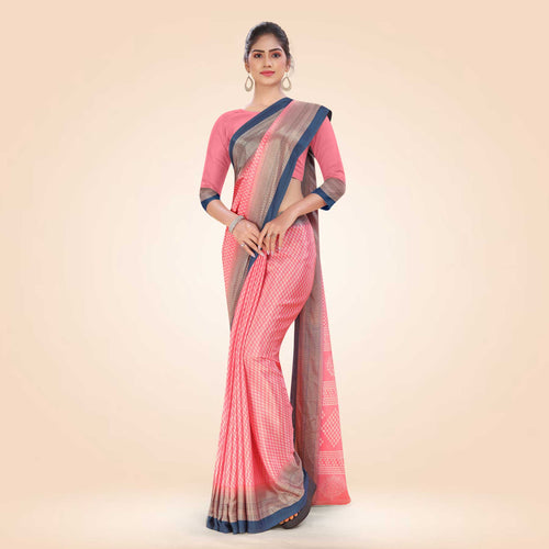 Aqua Green and Crimson Pink Women's Premium Silk Chiffon Small Butty College Uniform Saree