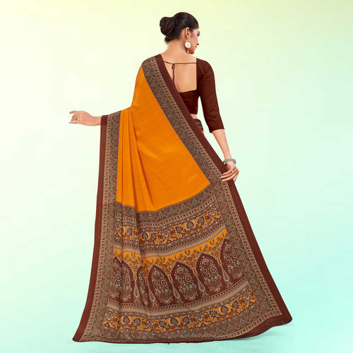 Mustard and Brown Women's Premium Italian Silk Plain Gaala Border Annual Function Uniform Saree