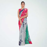 Grey and Turquoise Women's Premium Italian Silk Digital Print Uniform Sarees for School Teacher With Blouse Piece