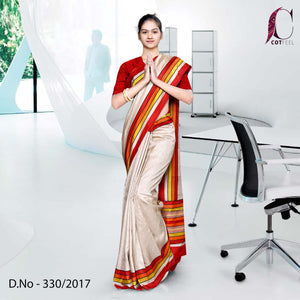 Beige With Red Border Tripura Cotton Uniform Saree