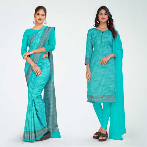 Grey and Turquoise Women's Premium Mulberry Silk Small Butty Hospital Uniform Saree Salwar Combo