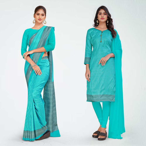 Turquoise and Grey Women's Premium Mulberry Silk Small Butty Students Uniform Saree Salwar Combo