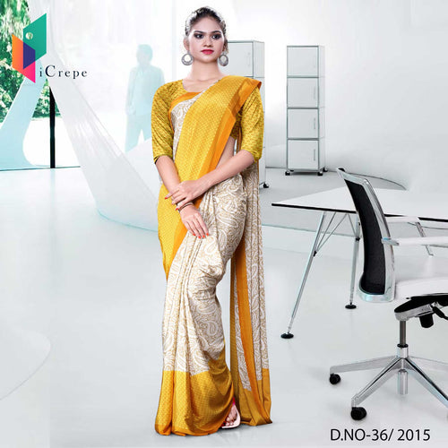 Beige And Mustard Italian Crepe Uniform Saree