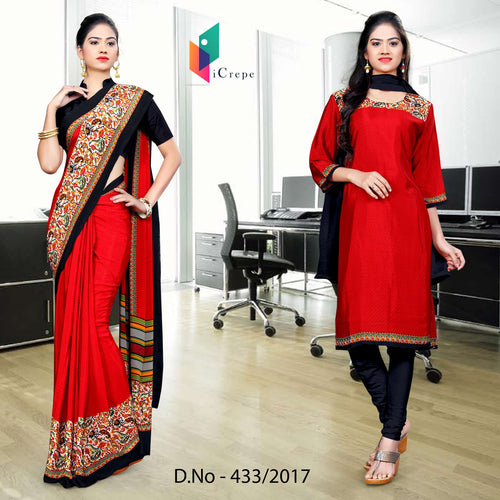 Red and Black Women's Premium Italian Silk Eyecatchers Corporate Uniform Sarees Salwar Combo